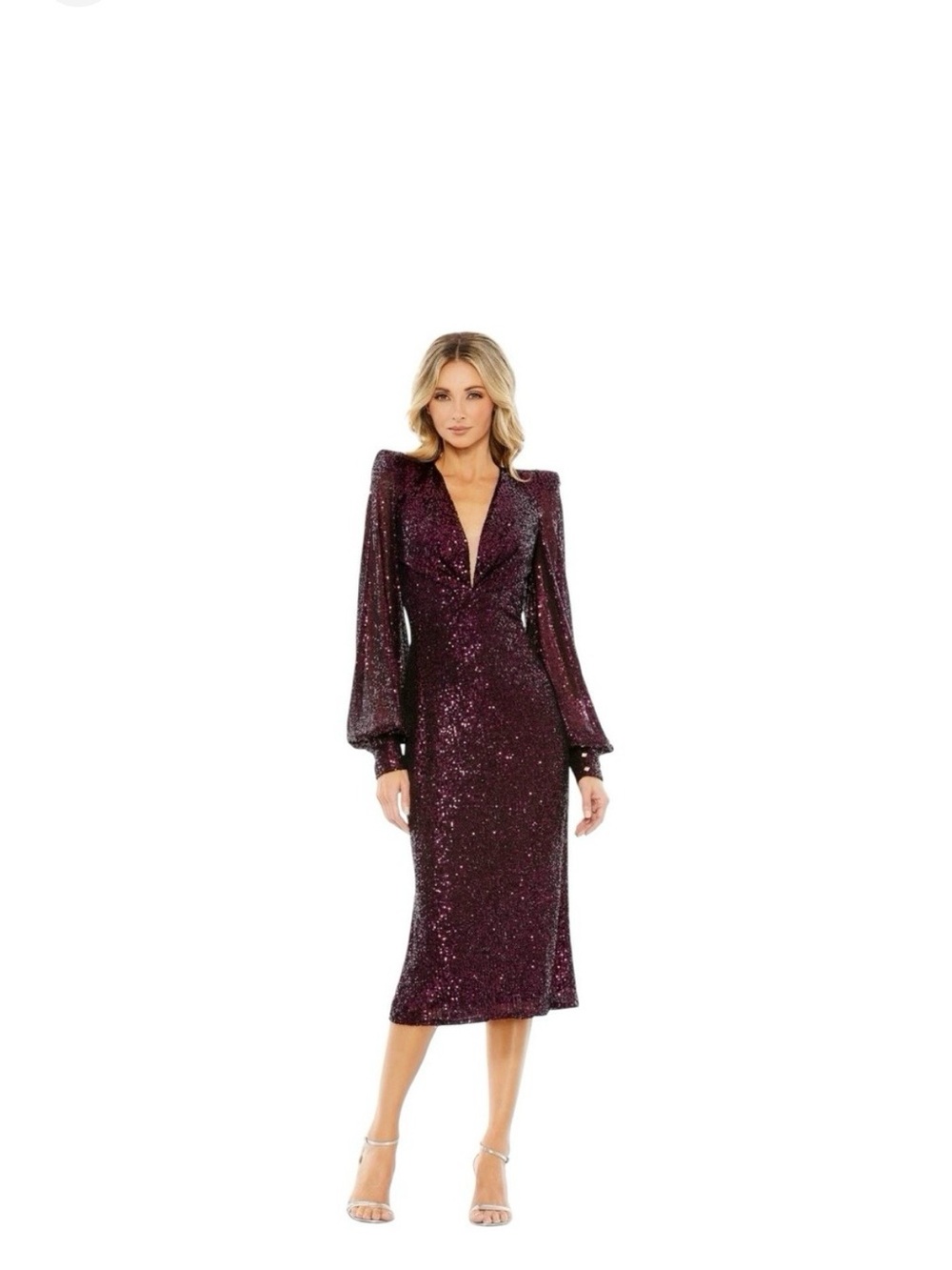 Mac Duggal Plum Sequin Midi Dress with V-Neck